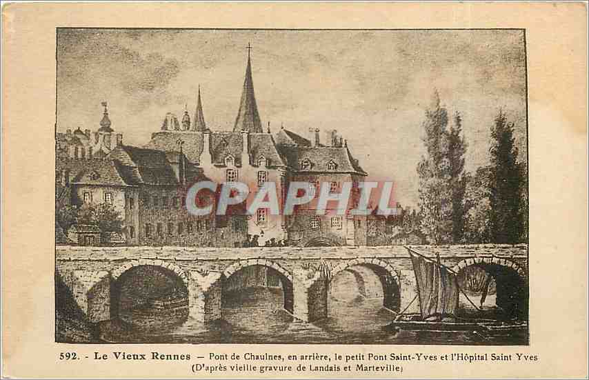 Alt Rennes — Brücke Chaouanes, im Hintergrund die kleine Brücke Saint-Yves und das Krankenhaus Saint-Yves (Nach einer alten Holzschnitte von Landais und Martevelle)