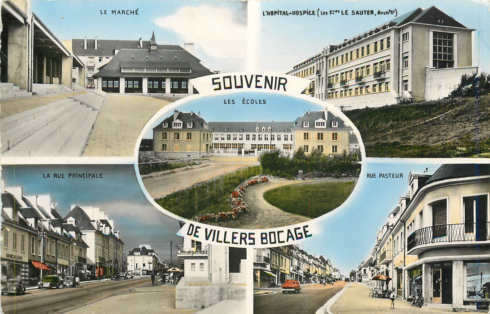 CPM VILLERS-BOCAGE-Souvenir Le marche L'Hopital Hospice La rue principale Rue Pasteur Les Ecoles