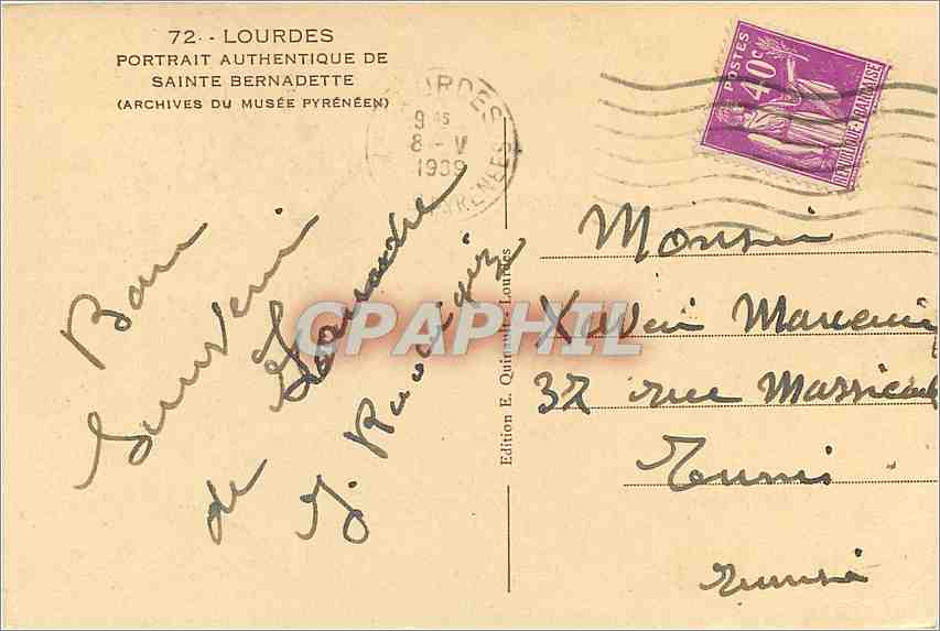 Sainte Bernadette — Portrait authentique — Édition E. Quinault-Lourdes, n°72 — Rückseite