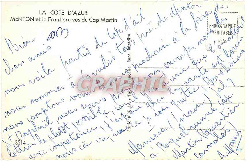 CPA LA COTE D'AZUR.MENTON et la Frontier vus du Cap martin — Rückseite