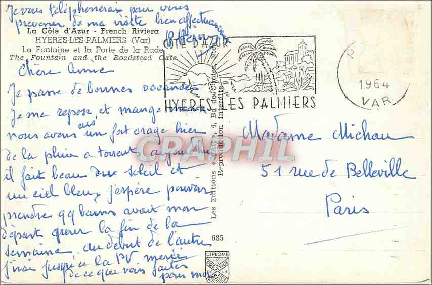 CPA LA COTE D'AZUR.French Riviera-HYERES LES PALMIERS (VAR)-La Fontaine et a Port de la Rade — Rückseite