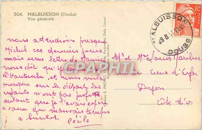 Malbuisson (Doubs) — Vue générale — Éditions E. Profeit, n°304 — Rückseite
