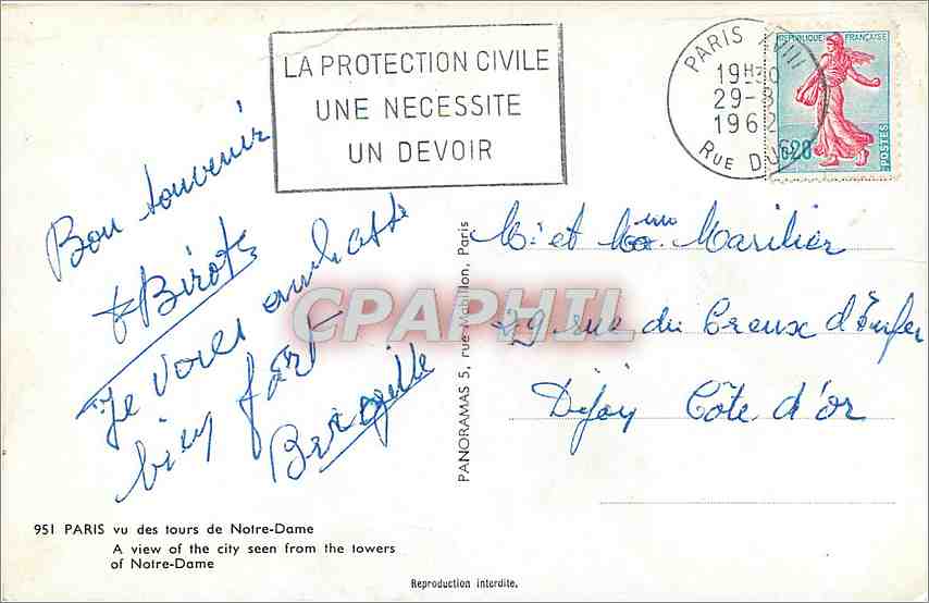 CPM PARIS Vu des tours de Notre Dame — Rückseite