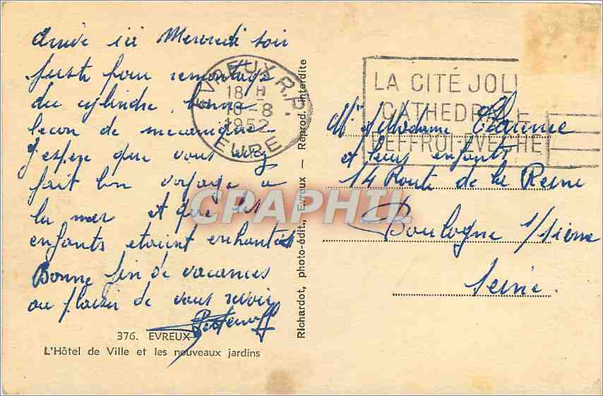 Hôtel de Ville et les nouveaux jardins — Evreux — Richardot, photo-édit., Evreux — n° 376 — Rückseite