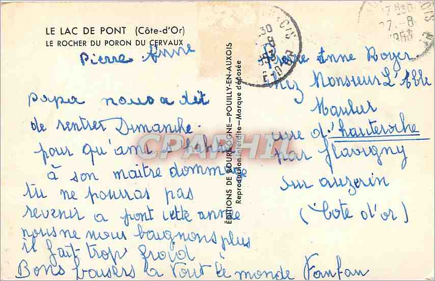 CPA LE LAC DE PONT(Cote d'or) LE ROCHER U PORON DU CERVAUX — Rückseite