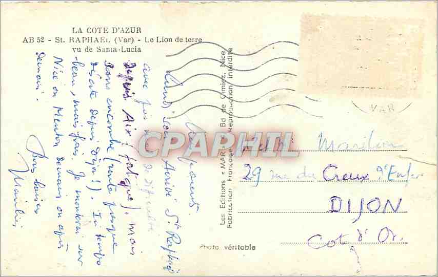 CPA LA COTE D'AZUR AB52-St RAPHAEL(Var)-Le Lion de terre vu de Santa-lucia — Rückseite
