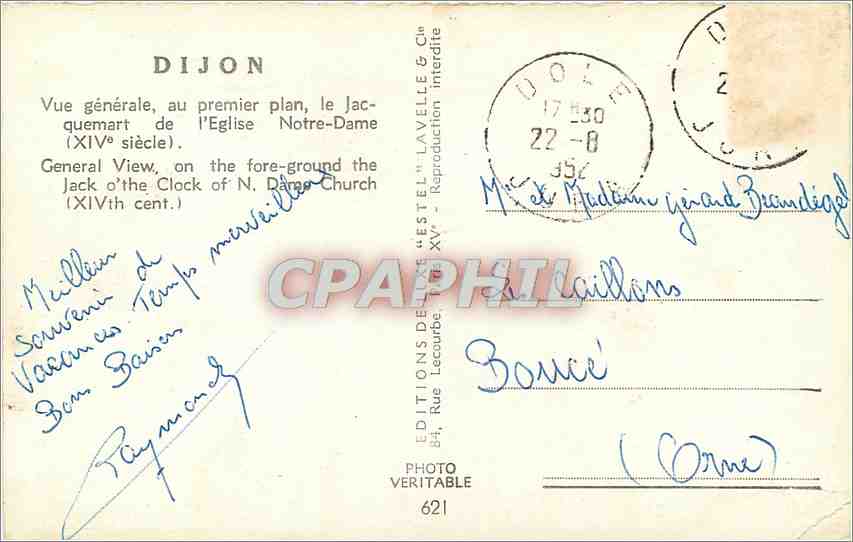 CPA DIJON-Vue geneale  au premier plan  le Jaquemart de l'Eglise Notre Dame (XIV eme s) — Rückseite