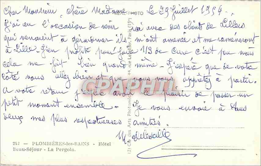CPM Plombieres les Bains Hotel Beau Sejour La Pergola  — Verso