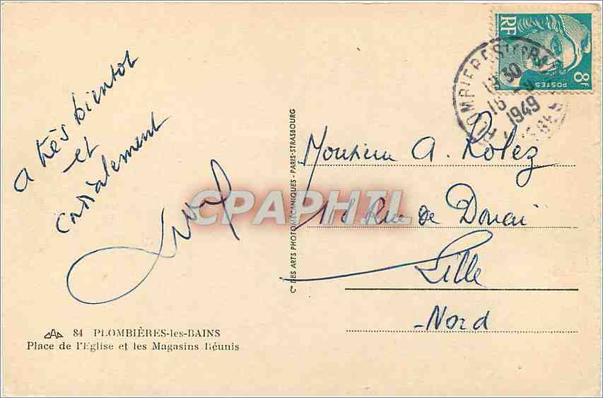 CPA Plombieres les Bains Place de l'Eglise et les magasins Beunis  — Verso