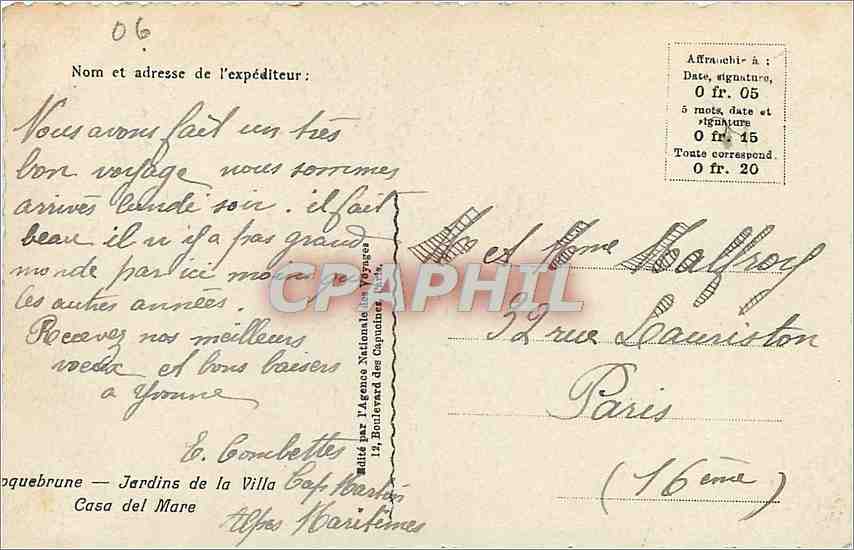 CPA Nom et Adresse de l'Expediteur Jardins de la Villa Casa de Mare  — Rückseite