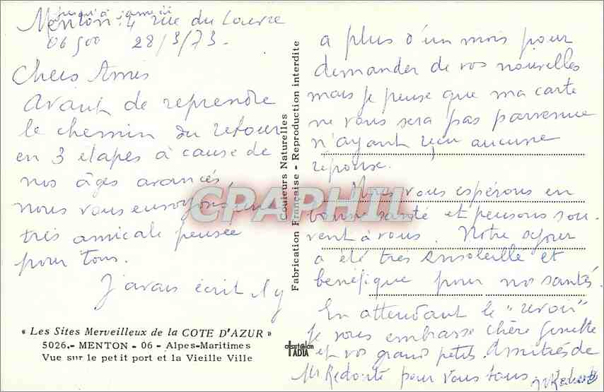 CPM Les Sites Merveilleux de La Cote d'Azur Menton Alpes Maritimes Vue sur le petit port et la Vieil — Rückseite
