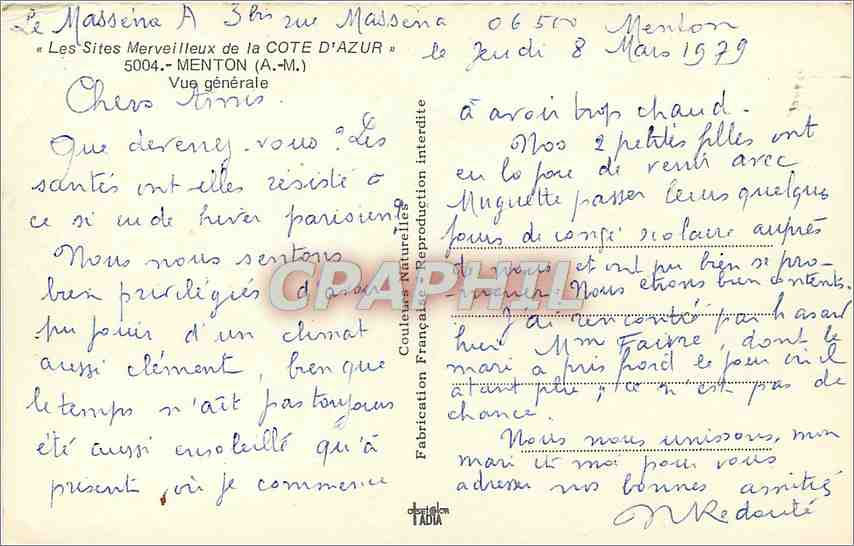 CPM Les Sites Merveilleux de La Cote d'Azur Menton Vue generale  — Rückseite