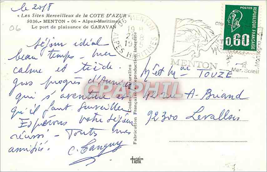 CPM Menton Alpes Maritimes Le Port de Plaisance de Garavan  — Rückseite