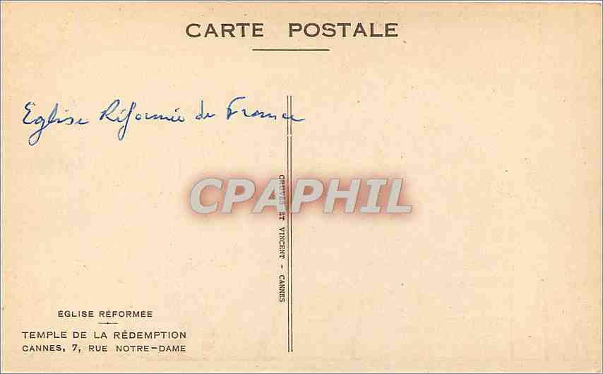 CPA Eglise Reformee Temple de la Redemption Cannes rue Notre Dame  — Verso