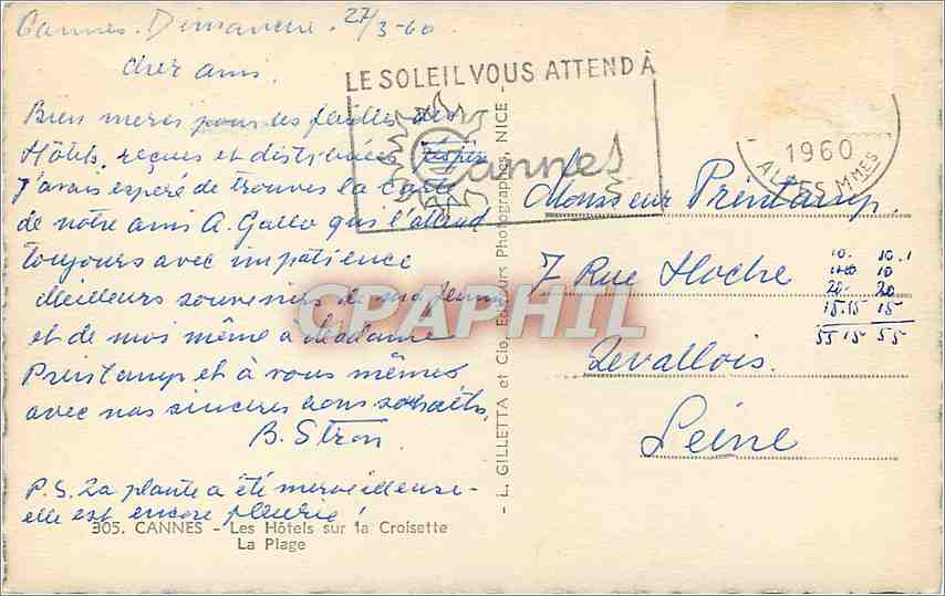CPM Cannes Les Hotels sur la Croisette La Plage  — Rückseite