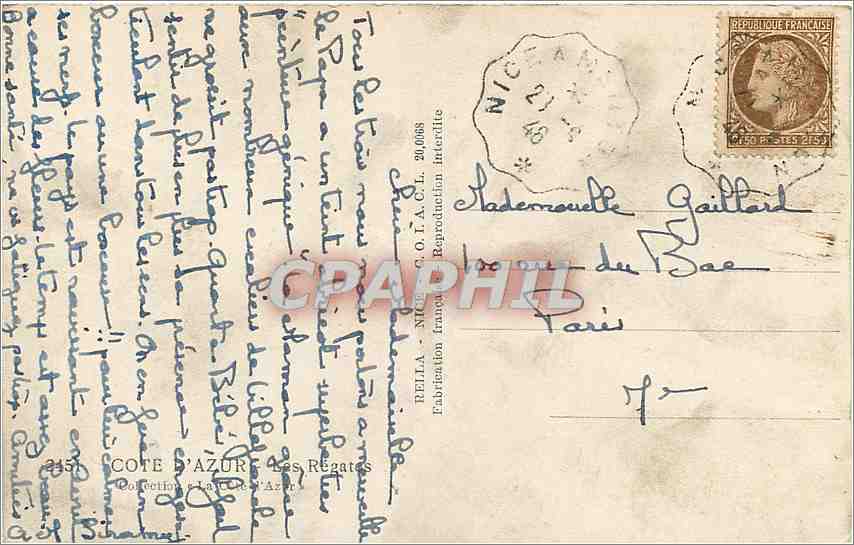 CPM Cote d'Azur Les Regates Bateaux — Verso