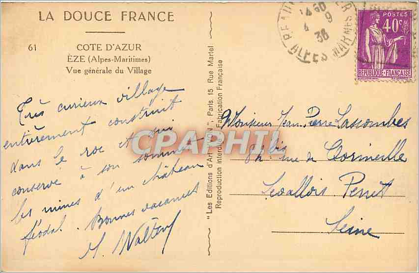 CPA Cote d'Azur Eze Alpes Maritimes Vue generale du Village  — Rückseite