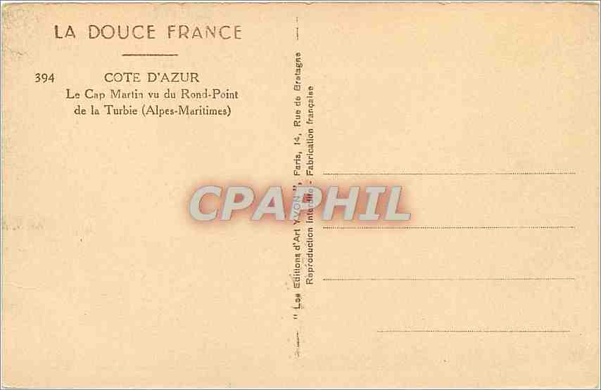 CPA Cote d'Azur Le Cap Martin vu du Rond Point de la Turbie Alpes Maritimes  — Rückseite