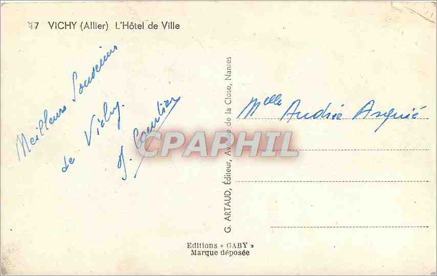 CPM Vichy Allier l'Hotel de Ville  — Verso
