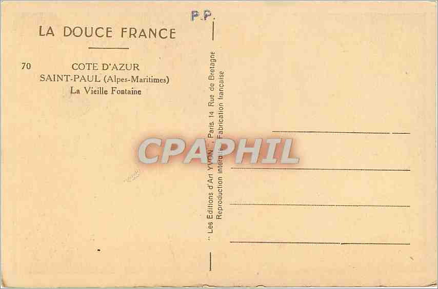 CPA Cote d'Azur Saint Paul Alpes Maritimes La Vieille Fontaine  — Verso