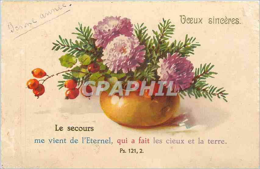 CPA Voeux Sinceres Le Secours me vient de l'Eternel qui a fait les cieux et la terre Fleurs