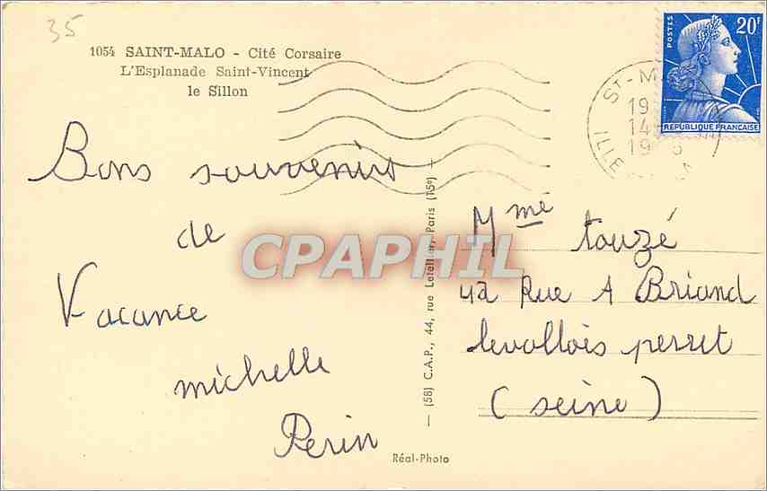 Saint-Malo — Vue de la plage et du théâtre — C.A.P. n° 1054 — Verso