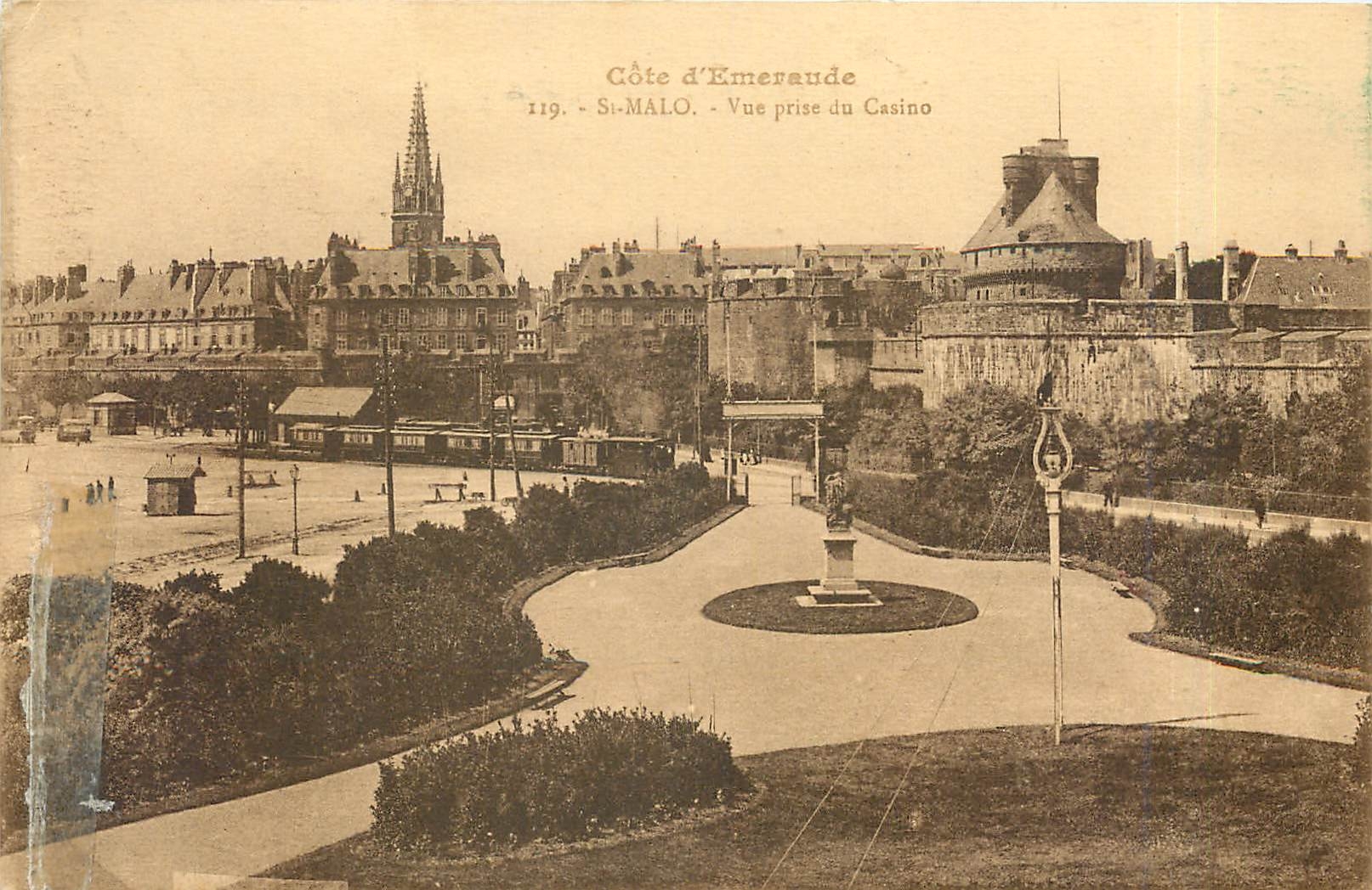 Tarjeta postal antigua St Malo Vista tomada del Casino Tren
