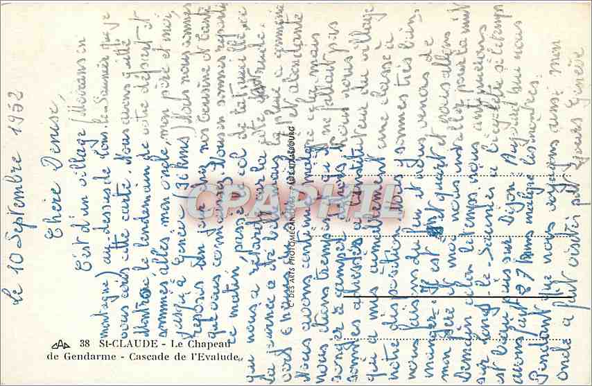 CPA St Claude Le Chapead de Gendarme Cascade de l'Evalude  — Back