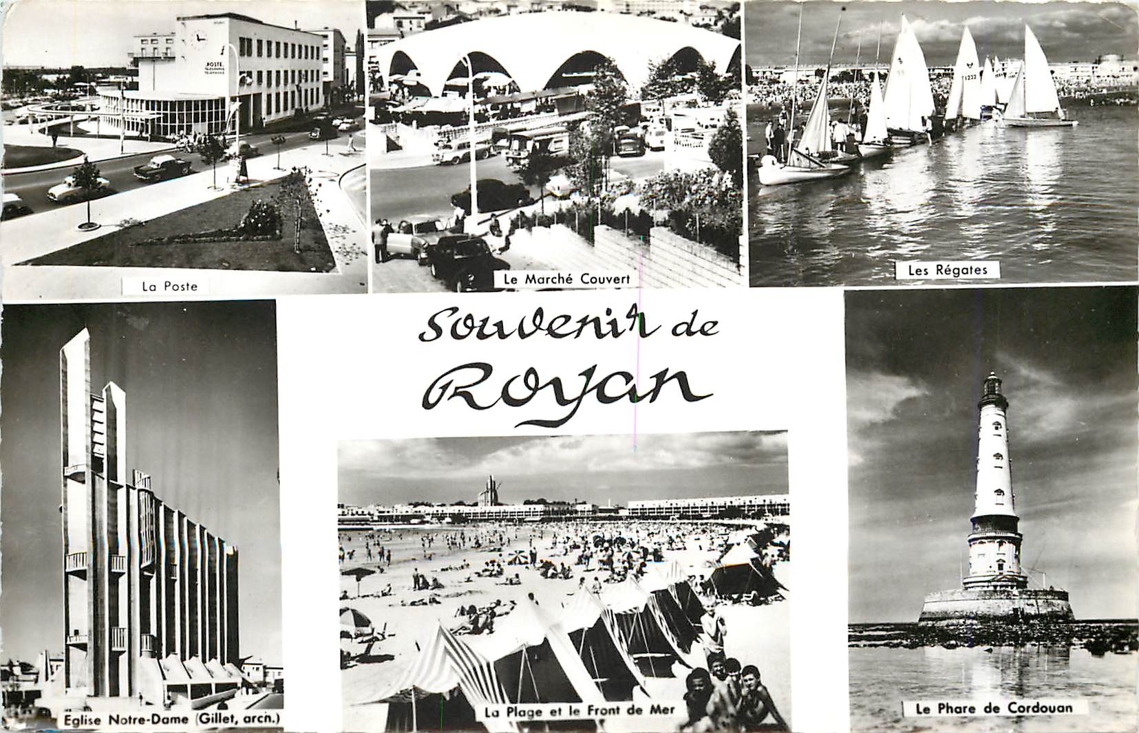 CPM Souvenir de Royan La Poste Le marche couvert Les regates Eglise Notre Dame La plage et le front 
