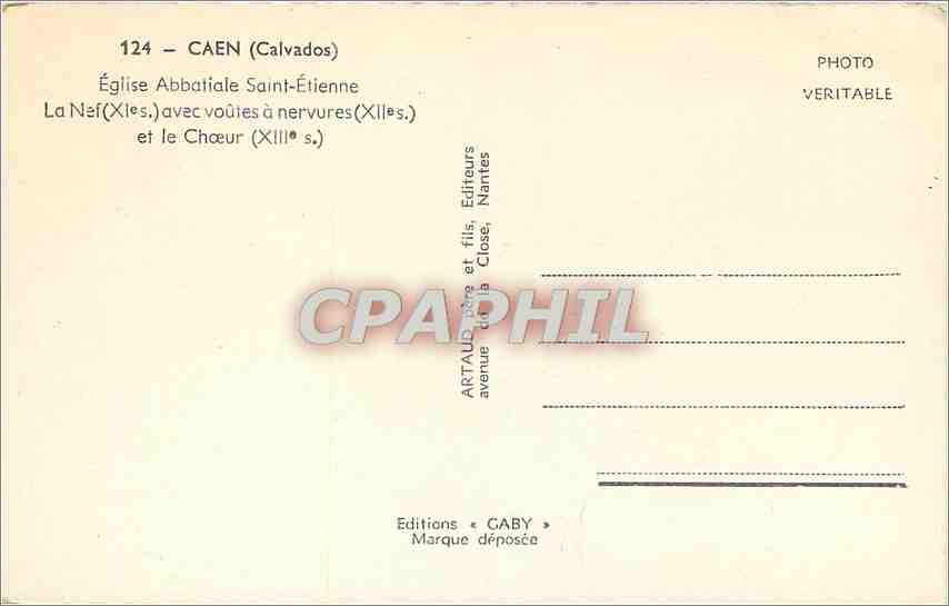 CPA Caen Calvados Eglise Abbatiale Saint Etienne La Nef avec voutes a nervures et le Choeur  — Verso
