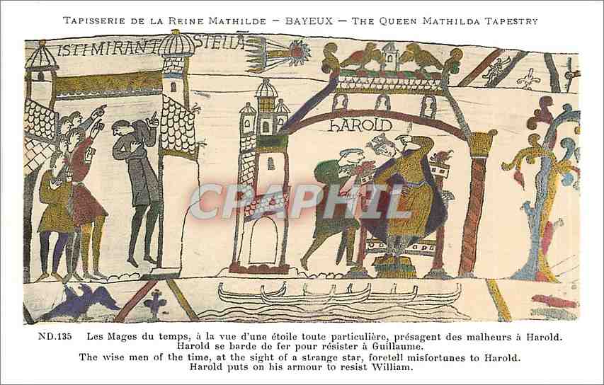 Tapisserie de la Reine Mathilde - Bayeux — Les Mages du temps, à la vue d'une étoile toute particulière, présagent des malheurs à Harold.