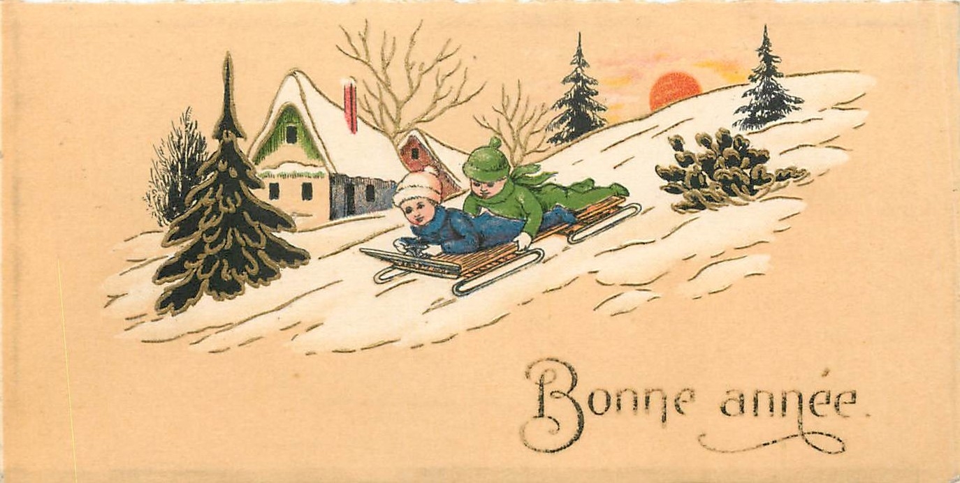 CPA Bonne Annee Enfants Luge
