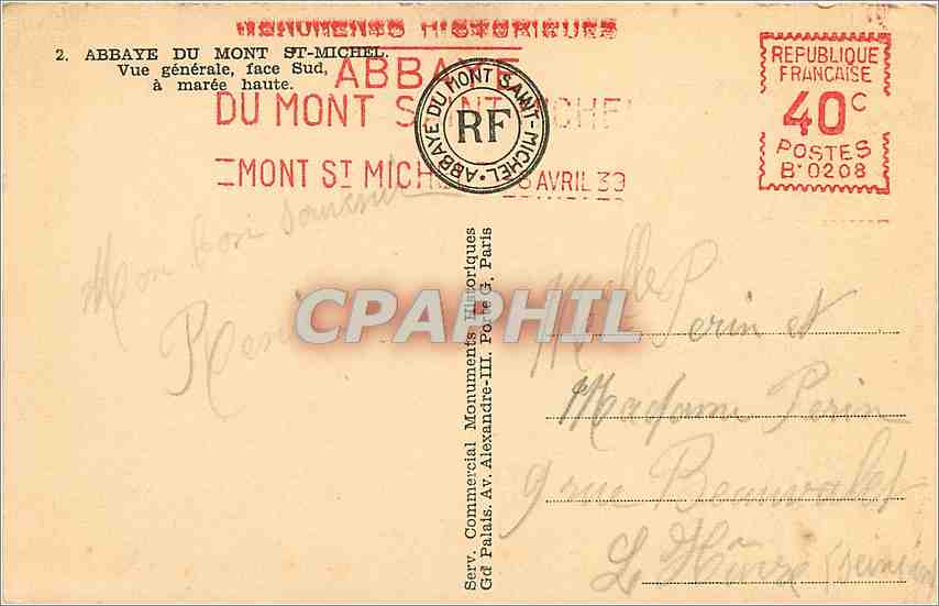 CPA Abbaye du Mont St Michel Vue generale face Sud a maree haute  — Verso