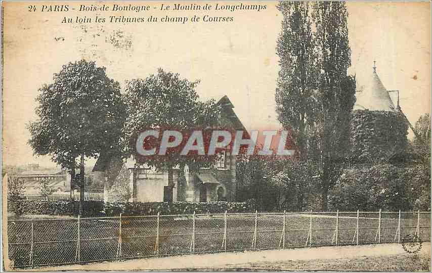 CPA Paris Bois de Boulogne Le Moulin de Longchamps au loin les Tribunes du Champ de Courses 