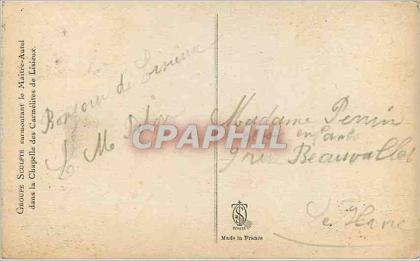 CPA Groupe Sculpte Surmontant le Maitre Autel dans la Chapelle des Carmelites de Lisieux  — Rückseite