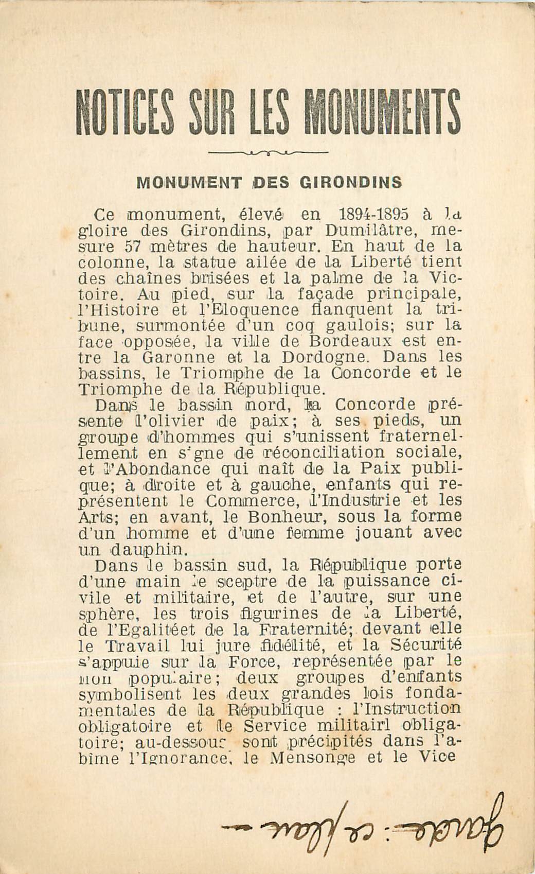 CPA Notices sur les Monuments Monument des Girondins Bordeaux