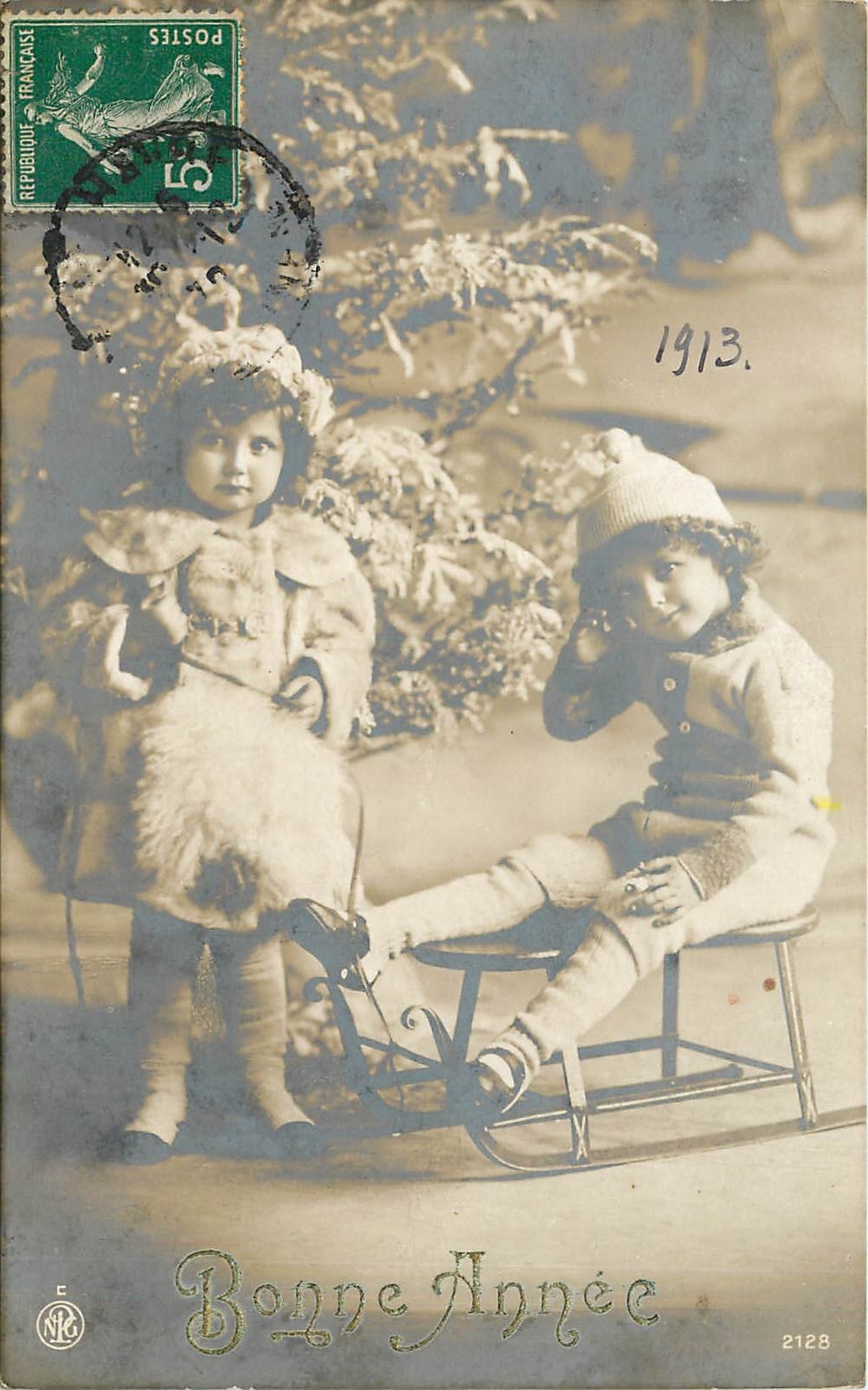 CPA Bonne Annee Enfants Luge