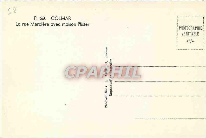 CPM Colmar La rue Merciere avec maison Pfister  — Rückseite
