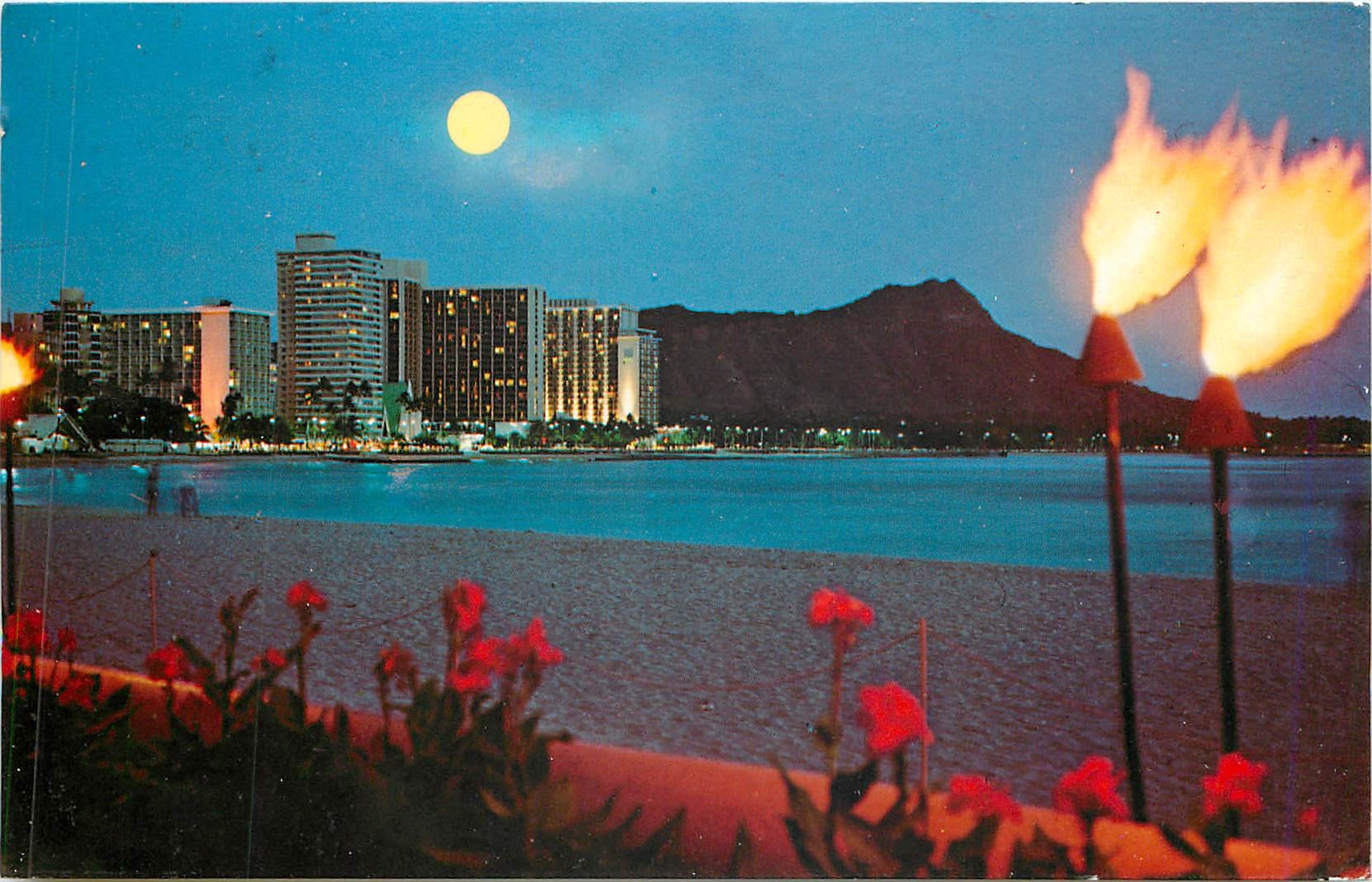 CPM Moonlight over world famous Waikiki Beach landmark Diamond Head 