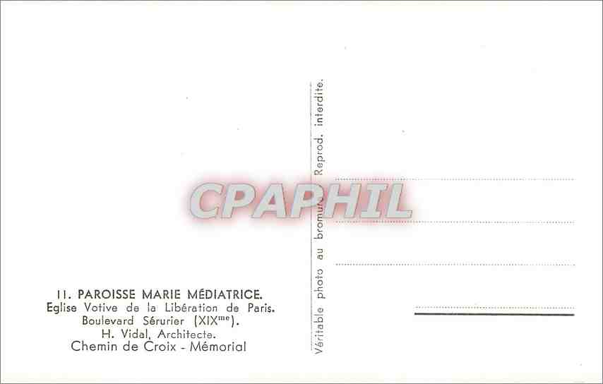 CPA Paroisse Marie Mediatrice Eglise Votive de la Liberation de Paris  — Verso