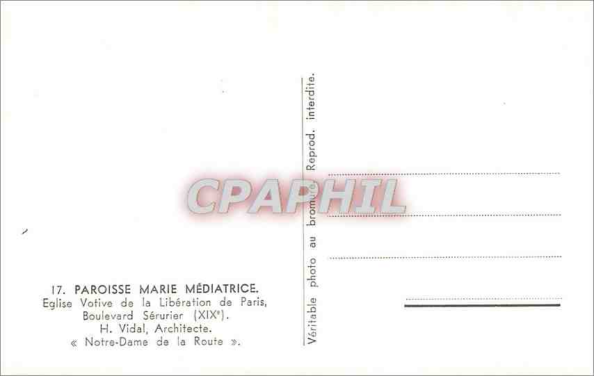 CPA Paroisse Marie Mediatrice Eglise Votive de la Liberation de Paris  — Verso