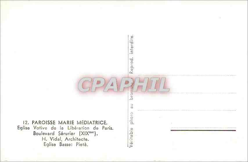 CPA Paroisse Marie Mediatrice Eglise Votive de la Liberation de Paris  — Rückseite