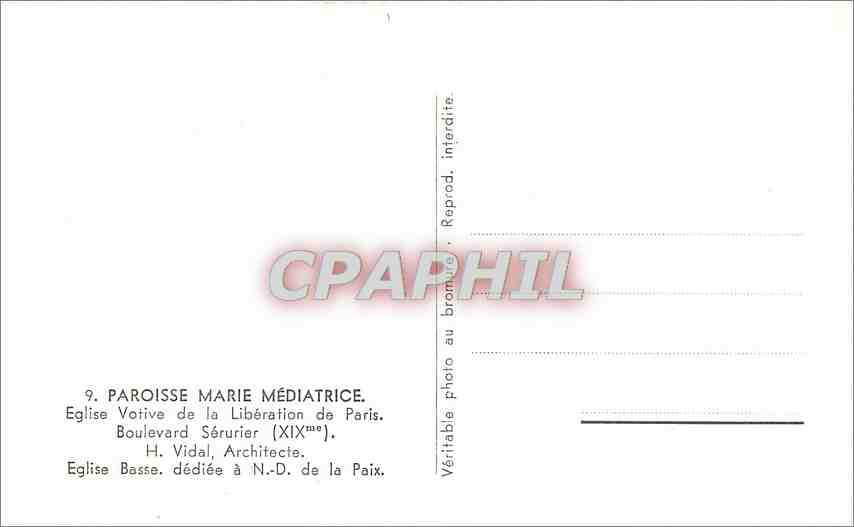 CPA Paroisse Marie Mediatrice Eglise Votive de la Liberation de Paris  — Verso