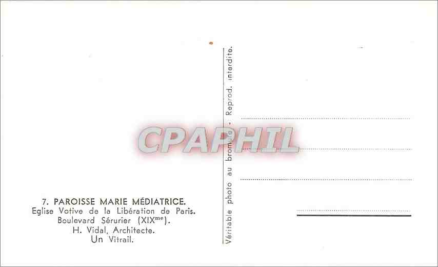 CPA Paroisse Marie Mediatrice Eglise Votive de la Liberation de Paris  — Verso