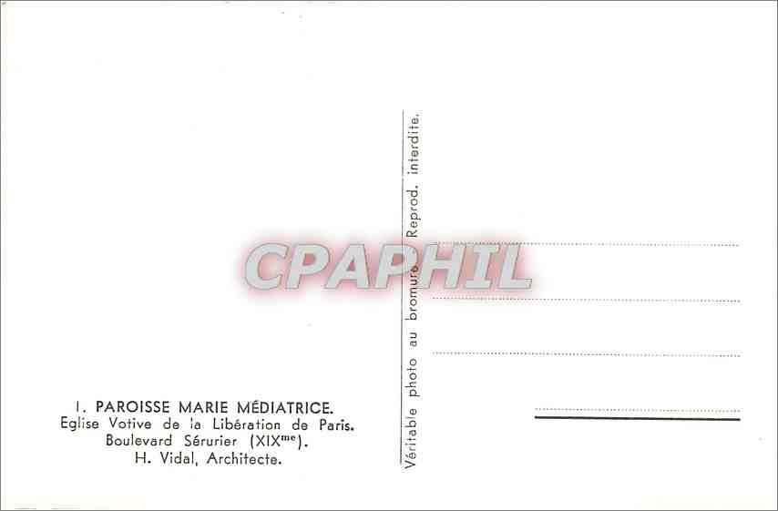 CPA Paroisse Marie Mediatrice Eglise Votive de la Liberation de Paris  — Verso
