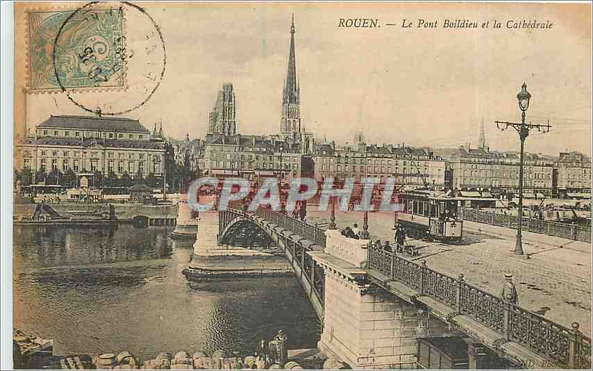 CPA Rouen Le Pont Boildieu et la Cathedrale Tramway