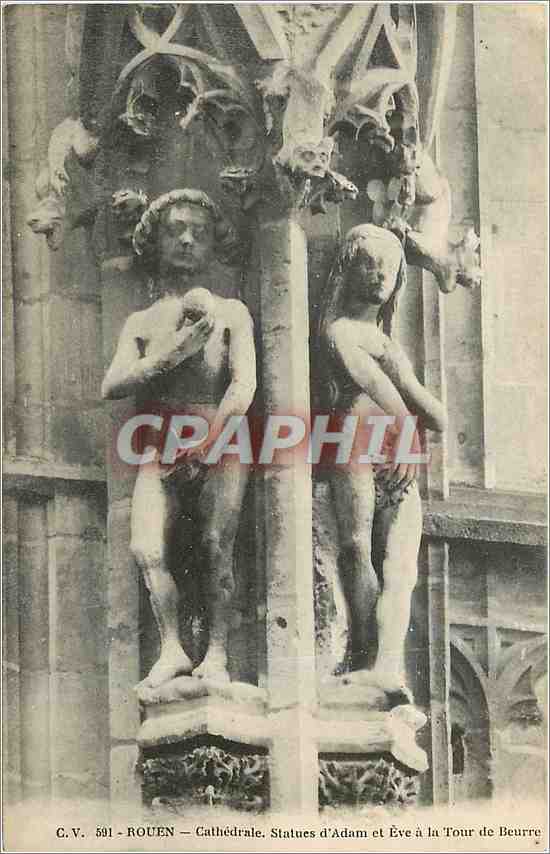 CPA Rouen Cathedrale Statues d'Adam et Eve a la Tour de Beurre 