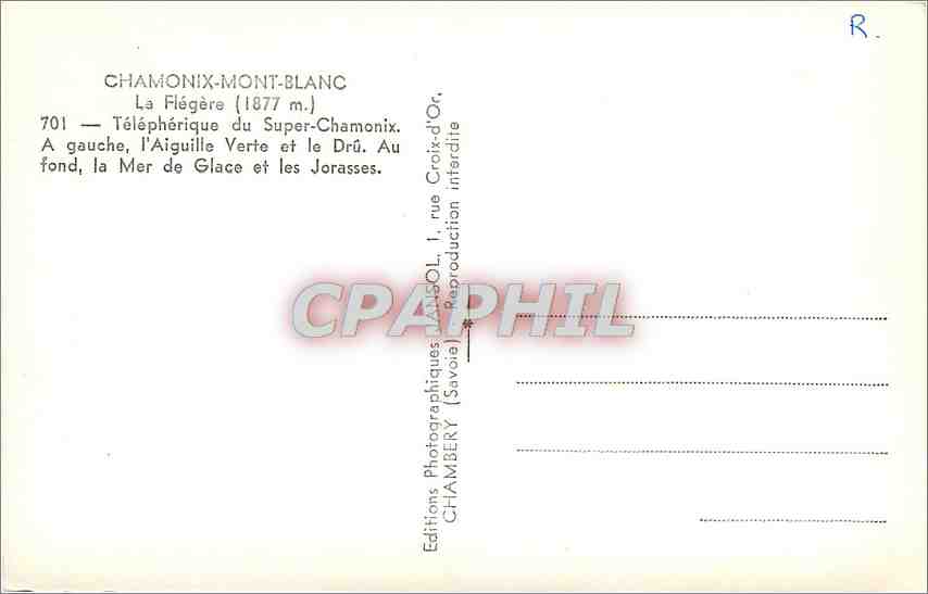 Chamonix-Mont-Blanc — La Flégère (1877 m.) — Téléphérique du Super-Chamonix — Éditions Photographiques Jansol (Savoie) — Verso