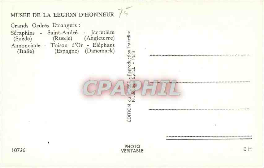 CPA MUSEE DE LA LEGION D'HONNEUR Grands ordres Seraphins Saint Andre Russie Russia Suede Jarretiere  — Rückseite