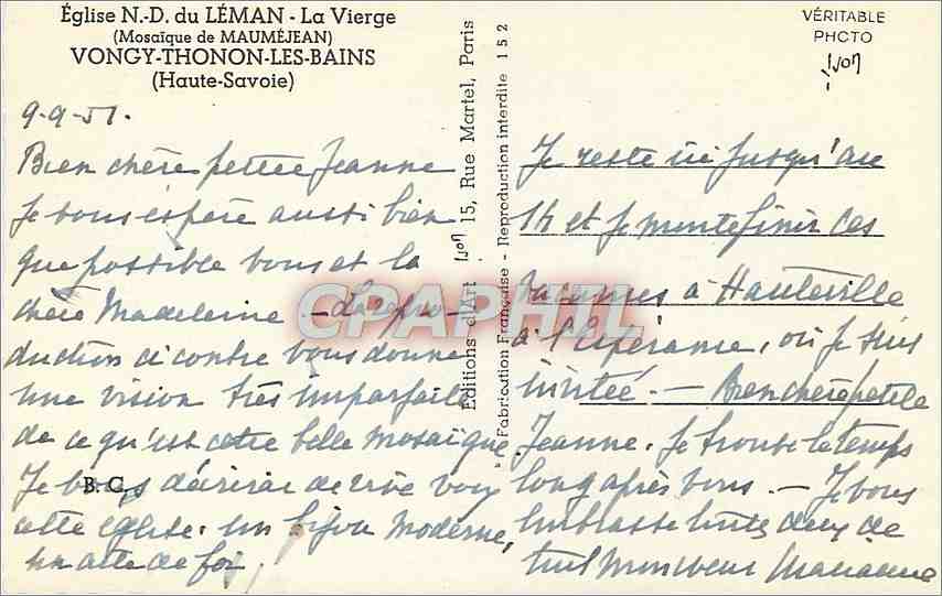 CPA Eglise N.D LEMAN -La vierge(Monique de MAUMEJEAN) — Rückseite